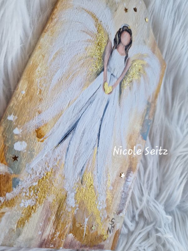Engel auf Holzbrettchen gemalt * Weihnachtsengel Goldengel * 12 x 22 x 1 cm